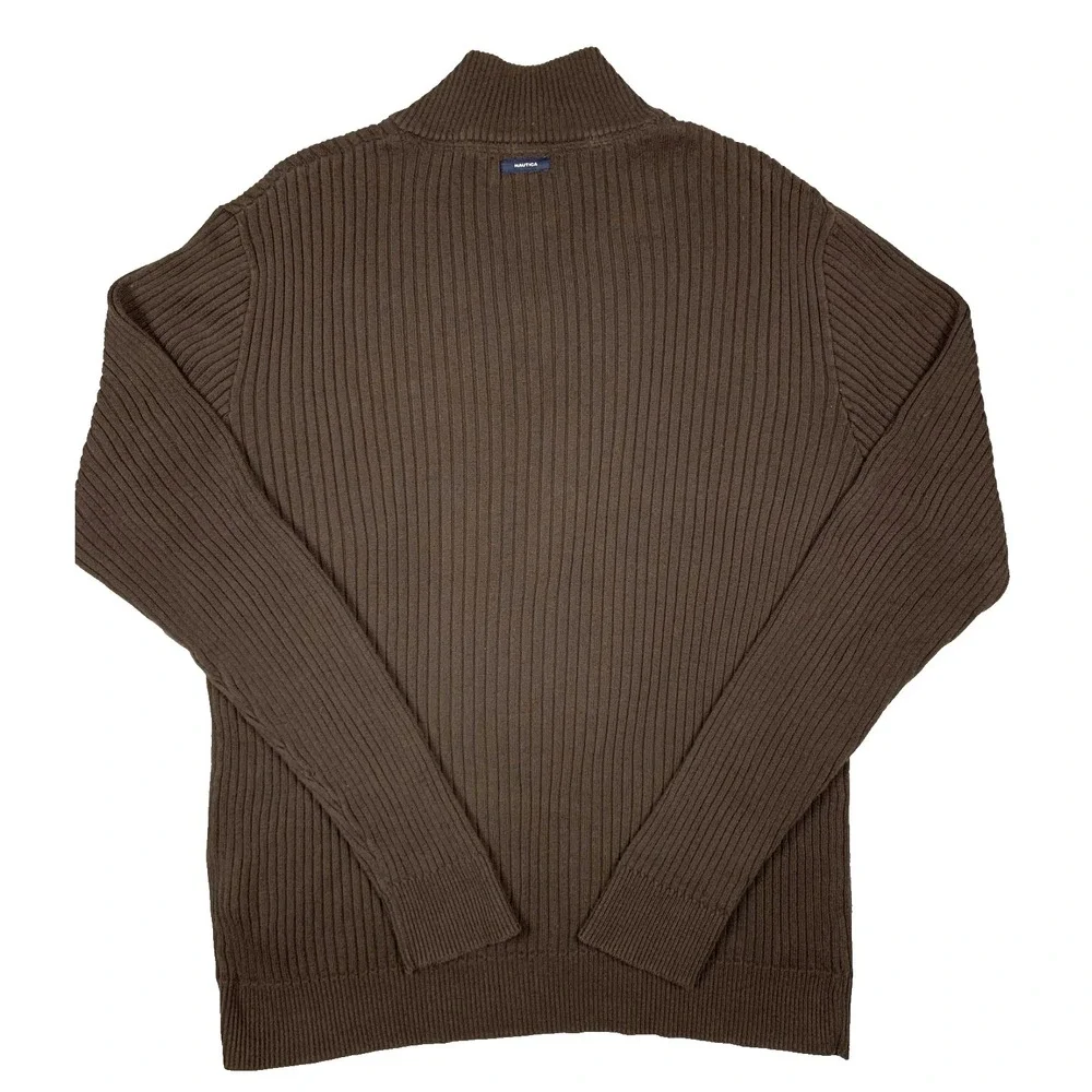 Nautica Sweater Mens‎ L Brown 1/4 Zip Rib Knit Cotton Pullover Casual